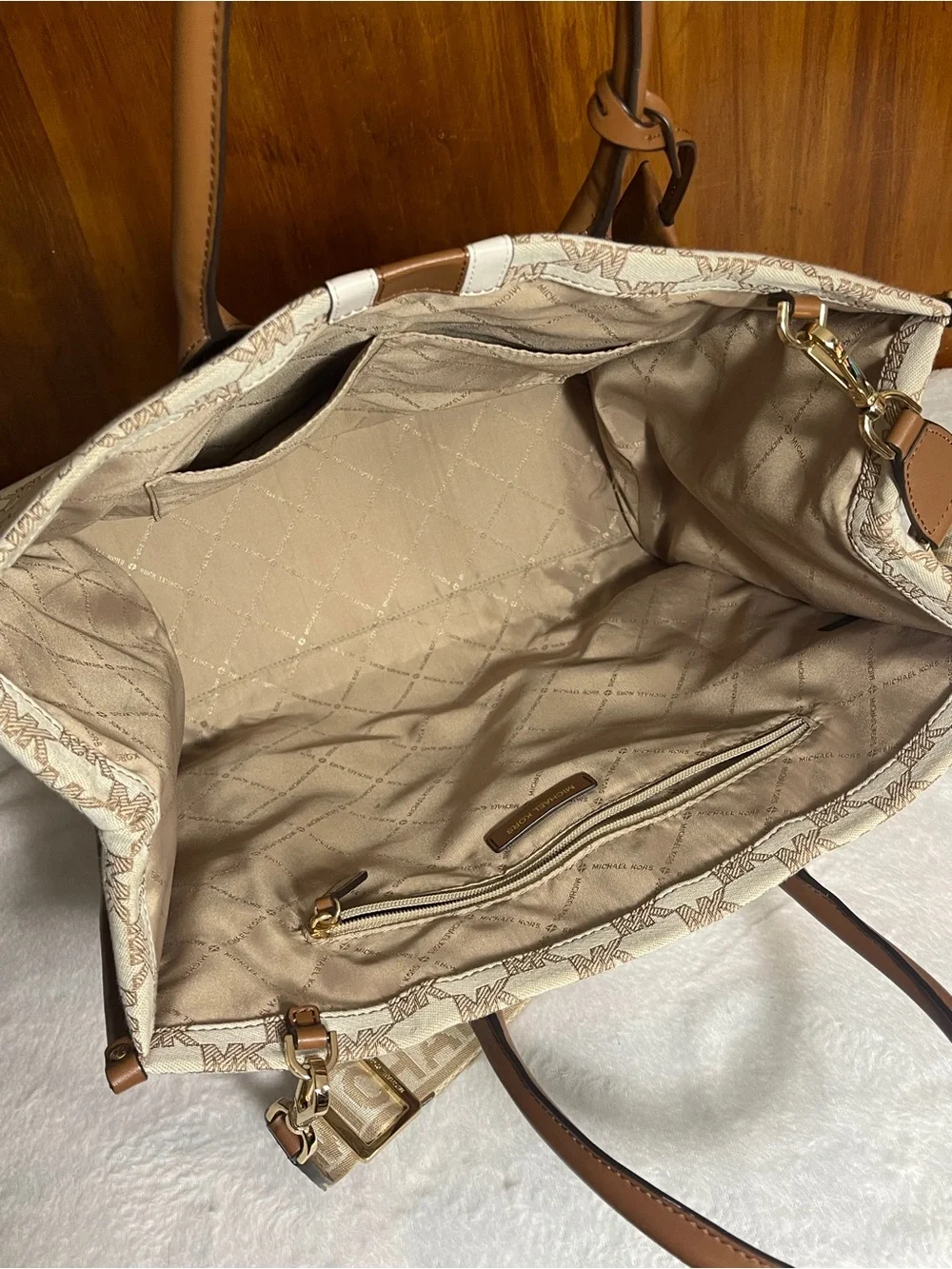 Michael Kors Beige Logo Tote with Brown and Cream Stripe - Picture 7 of 7